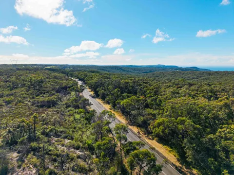 Aerial view of a road winding through bushland.