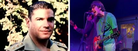 A portrait photo of a man in a khaki uniform and a photo of a young man in a green shirt singing into a microphone. 