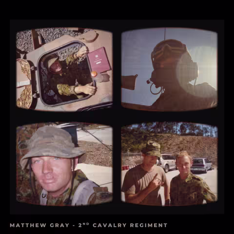 Four images of a man in green camouflage.