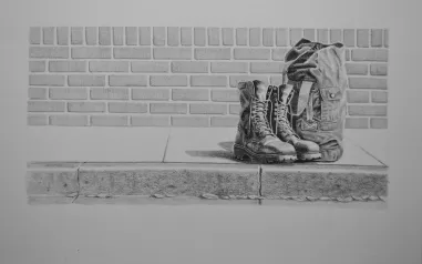 Black and white drawing of boots and a backpack on a sidewalk. 
