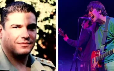 A portrait photo of a man in a khaki uniform and a photo of a young man in a green shirt singing into a microphone. 