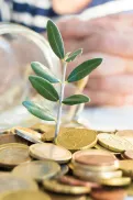 Small plant sprouting from a pile of coins, with a glass jar lying on its side and hands blurred in the background.
