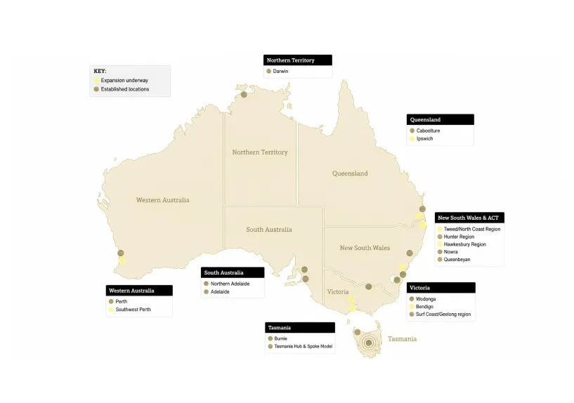 Map of Australia with Hub Locations 