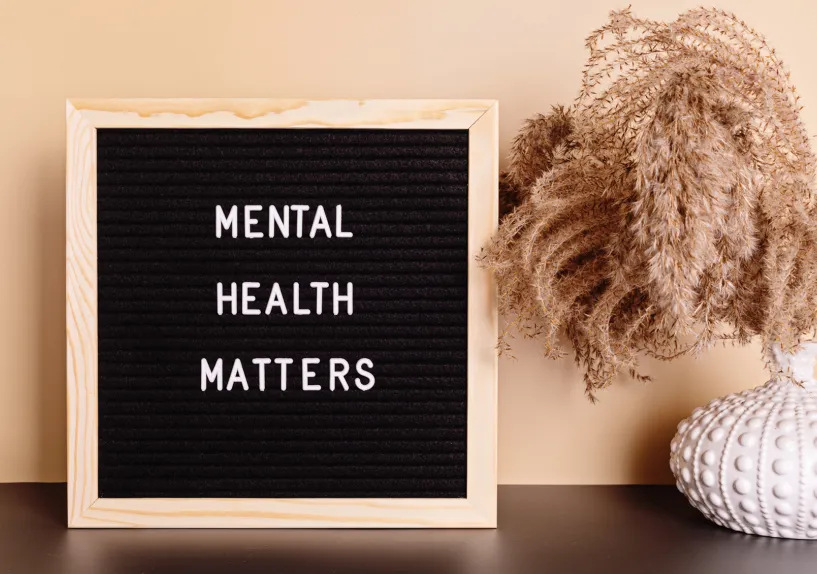 Sign reading “Mental Health Matters” beside a small vase of dried plants on a table.