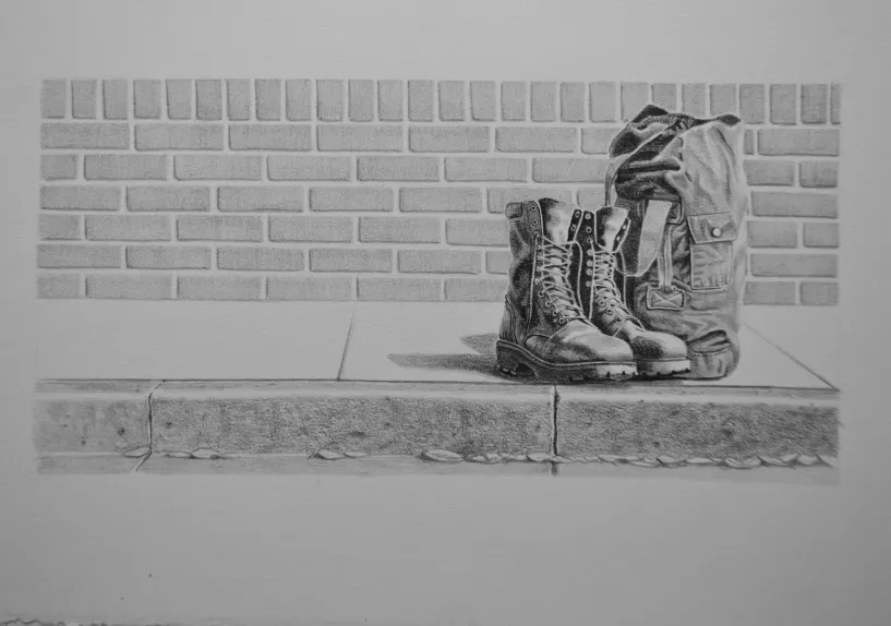 Black and white drawing of boots and a backpack on a sidewalk. 