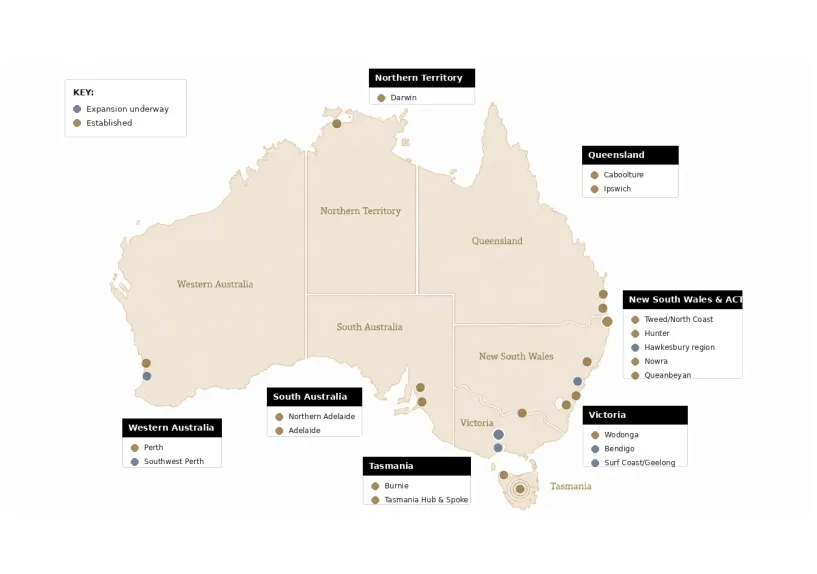 A map of Australia showing the location of current and proposed hubs.